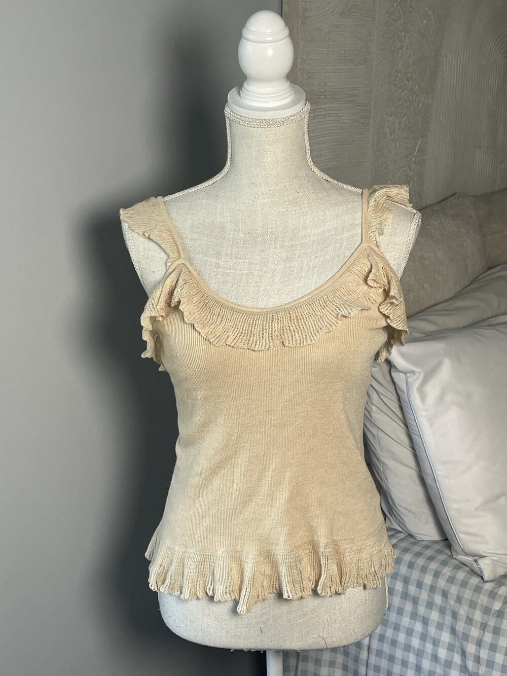Lauren Ralph Lauren Womens M Beige Linen Blend Ruffle Knit Tank Top Romantic